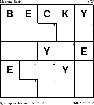 The grouppuzzles.com Medium Becky puzzle for Sunday January 17, 2021 with the first 3 steps marked