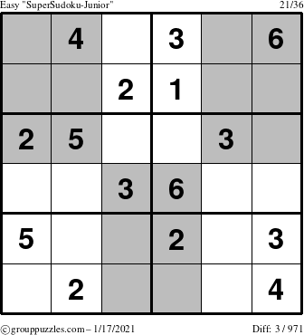 The grouppuzzles.com Easy SuperSudoku-Junior puzzle for Sunday January 17, 2021