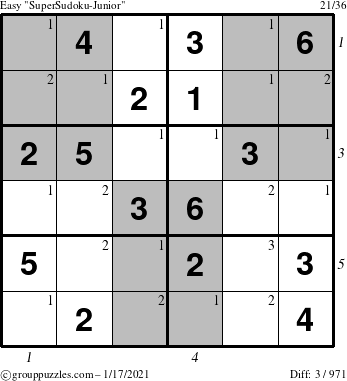 The grouppuzzles.com Easy SuperSudoku-Junior puzzle for Sunday January 17, 2021 with all 3 steps marked