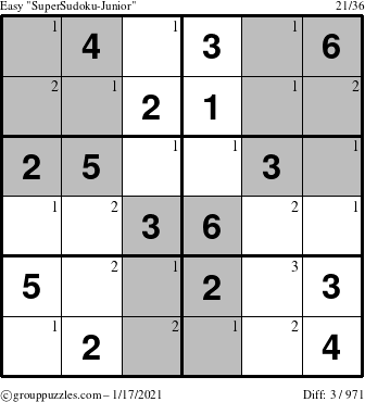 The grouppuzzles.com Easy SuperSudoku-Junior puzzle for Sunday January 17, 2021 with the first 3 steps marked