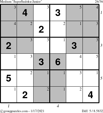 The grouppuzzles.com Medium SuperSudoku-Junior puzzle for Sunday January 17, 2021 with all 5 steps marked