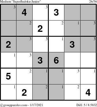 The grouppuzzles.com Medium SuperSudoku-Junior puzzle for Sunday January 17, 2021 with the first 3 steps marked