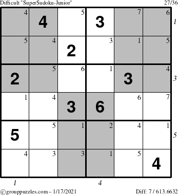 The grouppuzzles.com Difficult SuperSudoku-Junior puzzle for Sunday January 17, 2021, suitable for printing, with all 7 steps marked