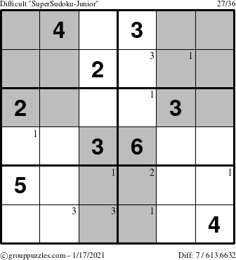 The grouppuzzles.com Difficult SuperSudoku-Junior puzzle for Sunday January 17, 2021 with the first 3 steps marked