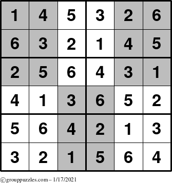 The grouppuzzles.com Answer grid for the SuperSudoku-Junior puzzle for Sunday January 17, 2021