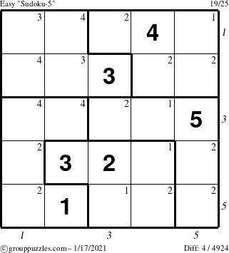 The grouppuzzles.com Easy Sudoku-5 puzzle for Sunday January 17, 2021 with all 4 steps marked