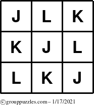 The grouppuzzles.com Answer grid for the TicTac-JKL puzzle for Sunday January 17, 2021