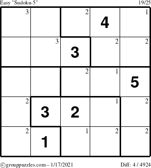 The grouppuzzles.com Easy Sudoku-5 puzzle for Sunday January 17, 2021 with the first 3 steps marked