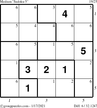 The grouppuzzles.com Medium Sudoku-5 puzzle for Sunday January 17, 2021 with all 6 steps marked