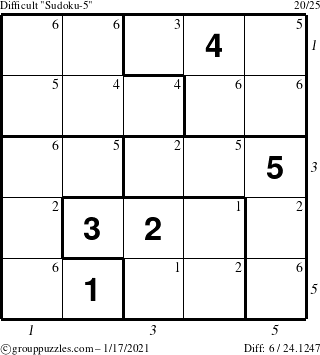 The grouppuzzles.com Difficult Sudoku-5 puzzle for Sunday January 17, 2021 with all 6 steps marked