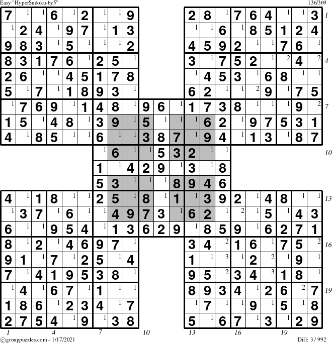 The grouppuzzles.com Easy HyperSudoku-by5 puzzle for Sunday January 17, 2021 with all 3 steps marked