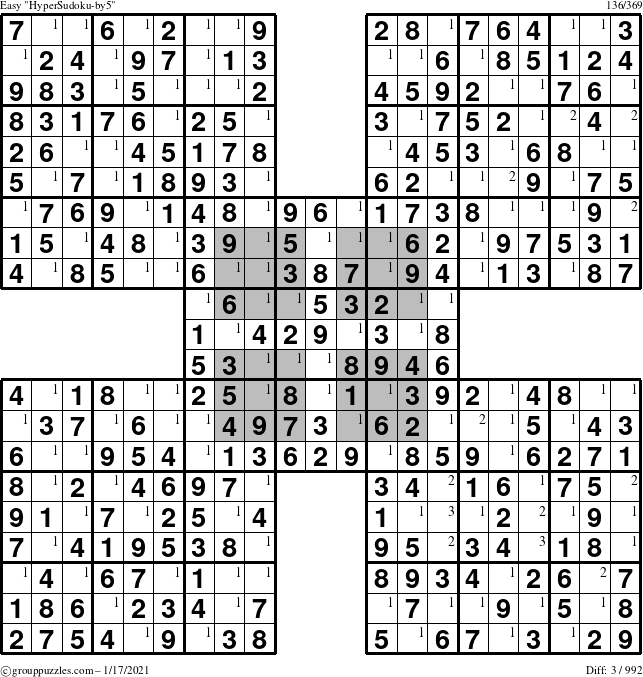The grouppuzzles.com Easy HyperSudoku-by5 puzzle for Sunday January 17, 2021 with the first 3 steps marked
