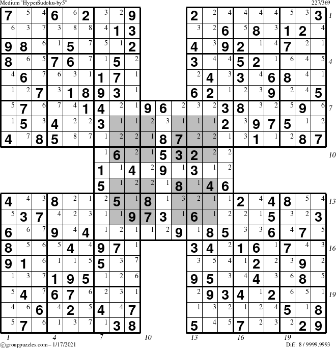 The grouppuzzles.com Medium HyperSudoku-by5 puzzle for Sunday January 17, 2021 with all 8 steps marked