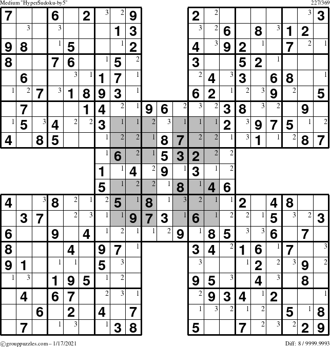 The grouppuzzles.com Medium HyperSudoku-by5 puzzle for Sunday January 17, 2021 with the first 3 steps marked