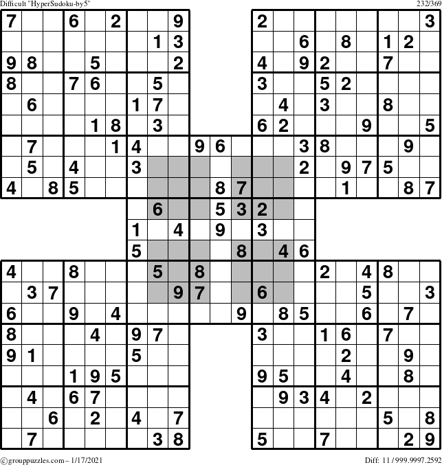 The grouppuzzles.com Difficult HyperSudoku-by5 puzzle for Sunday January 17, 2021