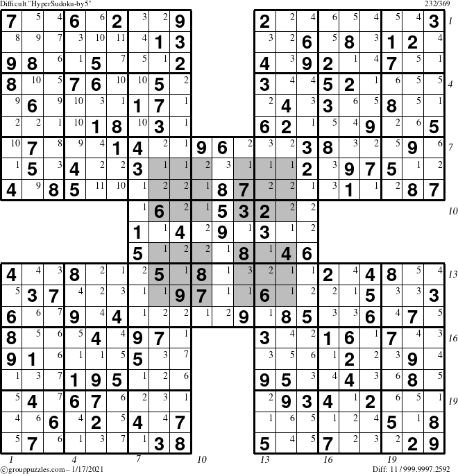 The grouppuzzles.com Difficult HyperSudoku-by5 puzzle for Sunday January 17, 2021 with all 11 steps marked