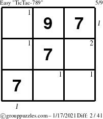 The grouppuzzles.com Easy TicTac-789 puzzle for Sunday January 17, 2021 with all 2 steps marked