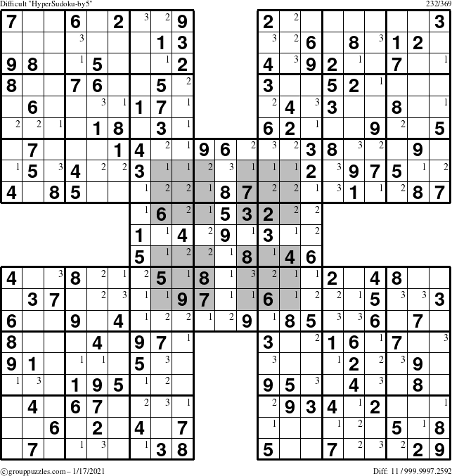 The grouppuzzles.com Difficult HyperSudoku-by5 puzzle for Sunday January 17, 2021 with the first 3 steps marked