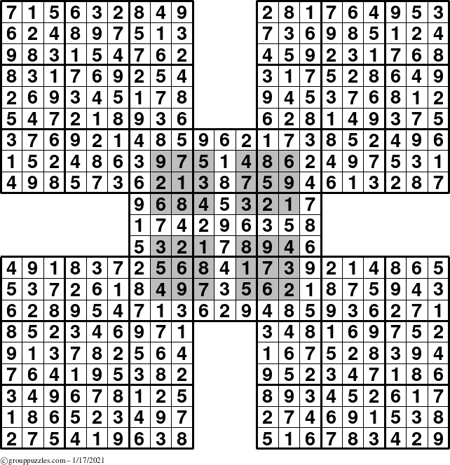 The grouppuzzles.com Answer grid for the HyperSudoku-by5 puzzle for Sunday January 17, 2021