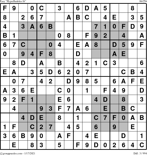 The grouppuzzles.com Easy HyperSudoku-16 puzzle for Sunday January 17, 2021