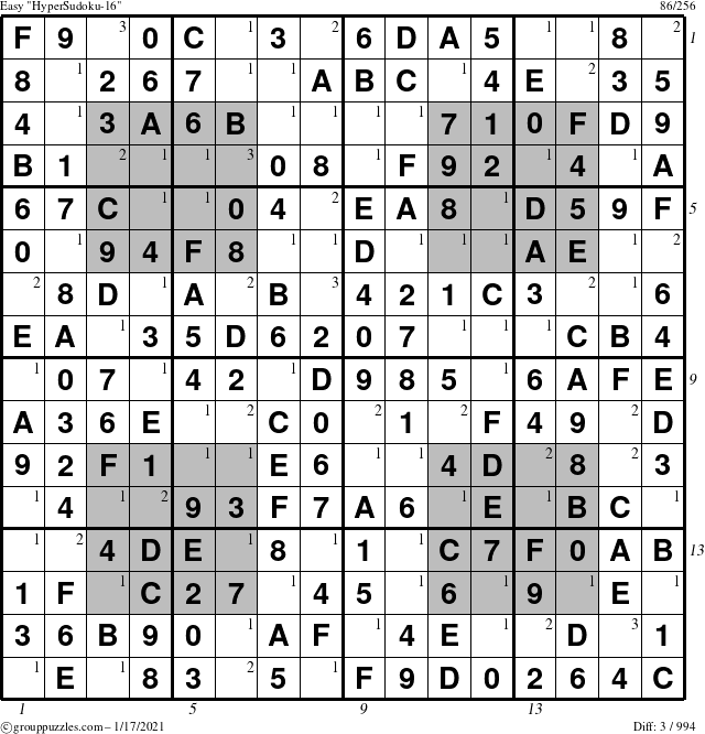 The grouppuzzles.com Easy HyperSudoku-16 puzzle for Sunday January 17, 2021 with all 3 steps marked