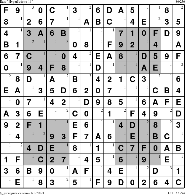 The grouppuzzles.com Easy HyperSudoku-16 puzzle for Sunday January 17, 2021 with the first 3 steps marked