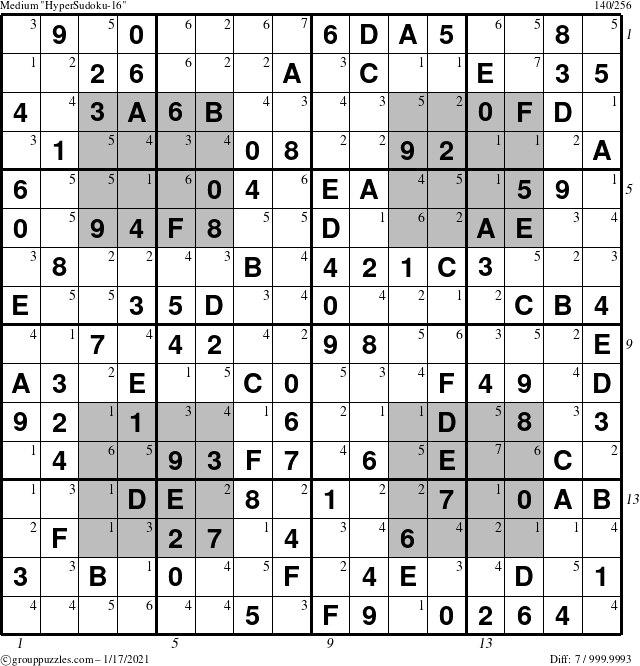 The grouppuzzles.com Medium HyperSudoku-16 puzzle for Sunday January 17, 2021, suitable for printing, with all 7 steps marked