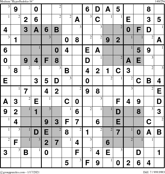 The grouppuzzles.com Medium HyperSudoku-16 puzzle for Sunday January 17, 2021 with the first 3 steps marked