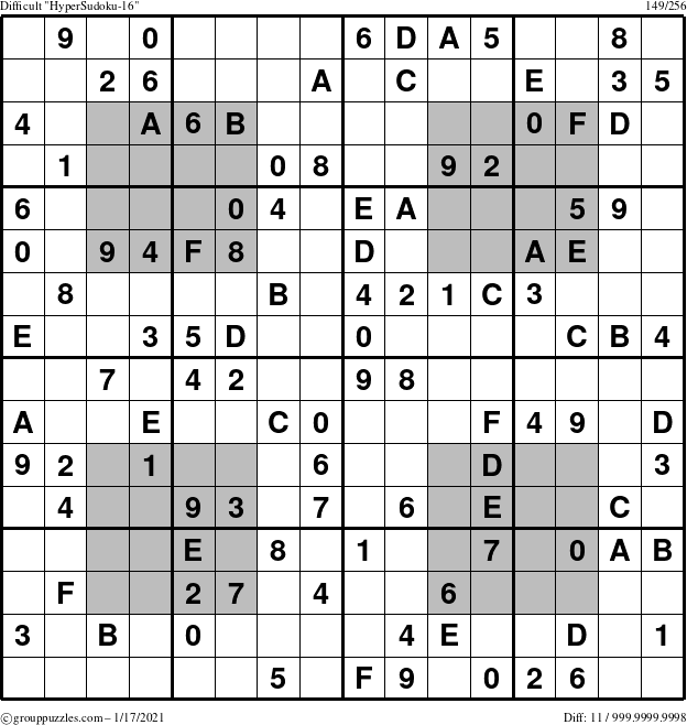 The grouppuzzles.com Difficult HyperSudoku-16 puzzle for Sunday January 17, 2021