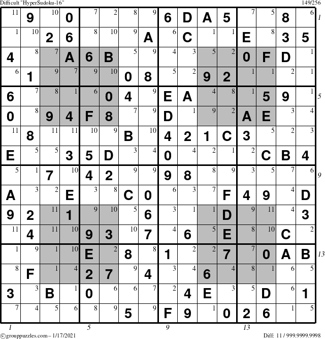 The grouppuzzles.com Difficult HyperSudoku-16 puzzle for Sunday January 17, 2021 with all 11 steps marked