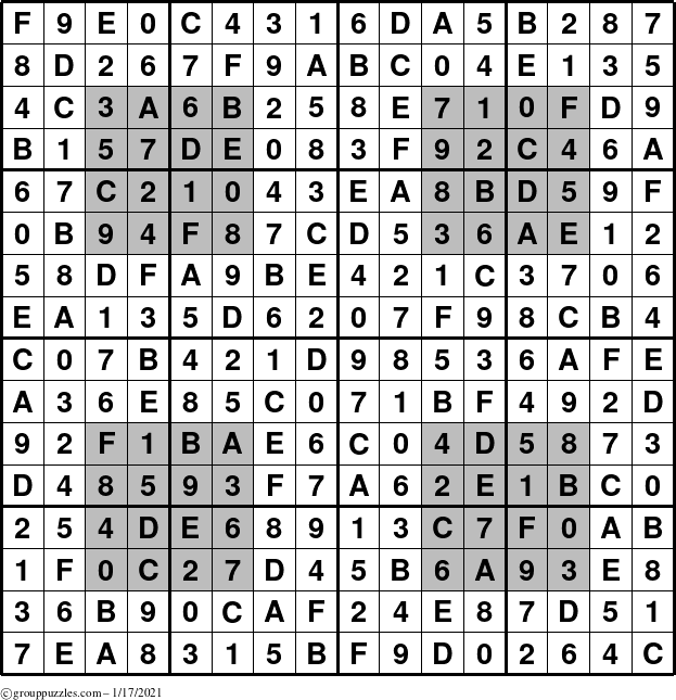 The grouppuzzles.com Answer grid for the HyperSudoku-16 puzzle for Sunday January 17, 2021