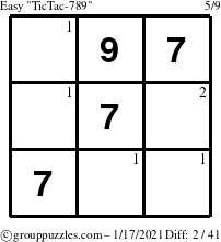 The grouppuzzles.com Easy TicTac-789 puzzle for Sunday January 17, 2021 with the first 2 steps marked