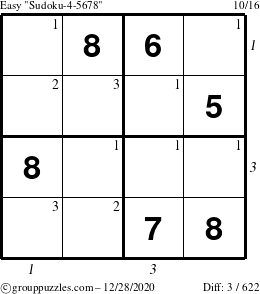 The grouppuzzles.com Easy Sudoku-4-5678 puzzle for Monday December 28, 2020 with all 3 steps marked