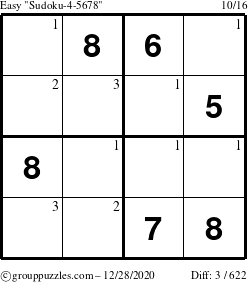 The grouppuzzles.com Easy Sudoku-4-5678 puzzle for Monday December 28, 2020 with the first 3 steps marked