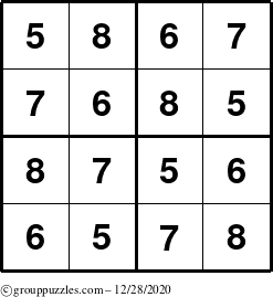 The grouppuzzles.com Answer grid for the Sudoku-4-5678 puzzle for Monday December 28, 2020