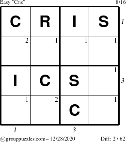 The grouppuzzles.com Easy Cris puzzle for Monday December 28, 2020 with all 2 steps marked