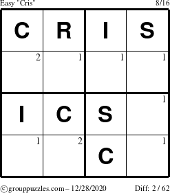 The grouppuzzles.com Easy Cris puzzle for Monday December 28, 2020 with the first 2 steps marked