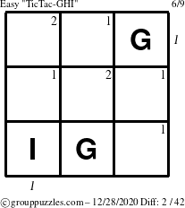 The grouppuzzles.com Easy TicTac-GHI puzzle for Monday December 28, 2020 with all 2 steps marked