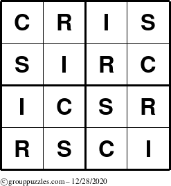 The grouppuzzles.com Answer grid for the Cris puzzle for Monday December 28, 2020