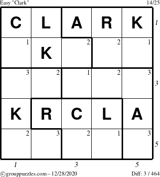 The grouppuzzles.com Easy Clark puzzle for Monday December 28, 2020 with all 3 steps marked