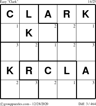 The grouppuzzles.com Easy Clark puzzle for Monday December 28, 2020 with the first 3 steps marked