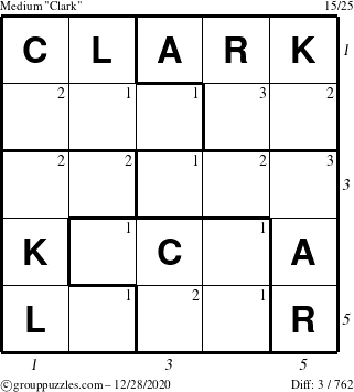 The grouppuzzles.com Medium Clark puzzle for Monday December 28, 2020 with all 3 steps marked