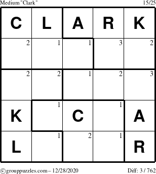 The grouppuzzles.com Medium Clark puzzle for Monday December 28, 2020 with the first 3 steps marked