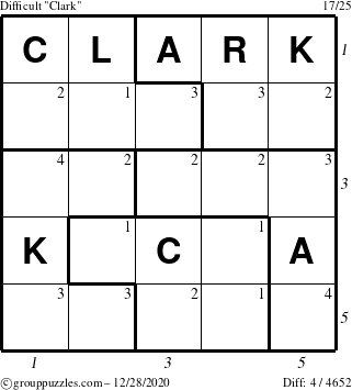 The grouppuzzles.com Difficult Clark puzzle for Monday December 28, 2020 with all 4 steps marked