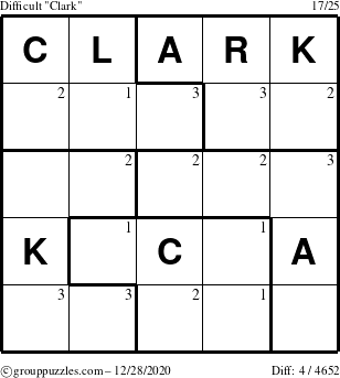 The grouppuzzles.com Difficult Clark puzzle for Monday December 28, 2020 with the first 3 steps marked