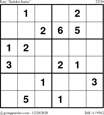 The grouppuzzles.com Easy Sudoku-Junior puzzle for Monday December 28, 2020