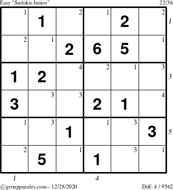 The grouppuzzles.com Easy Sudoku-Junior puzzle for Monday December 28, 2020 with all 4 steps marked