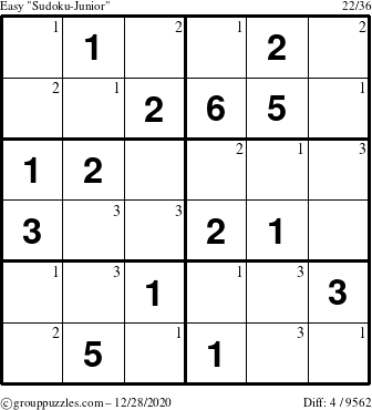 The grouppuzzles.com Easy Sudoku-Junior puzzle for Monday December 28, 2020 with the first 3 steps marked