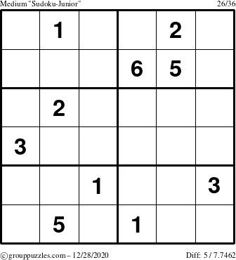 The grouppuzzles.com Medium Sudoku-Junior puzzle for Monday December 28, 2020