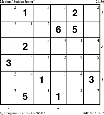 The grouppuzzles.com Medium Sudoku-Junior puzzle for Monday December 28, 2020 with all 5 steps marked